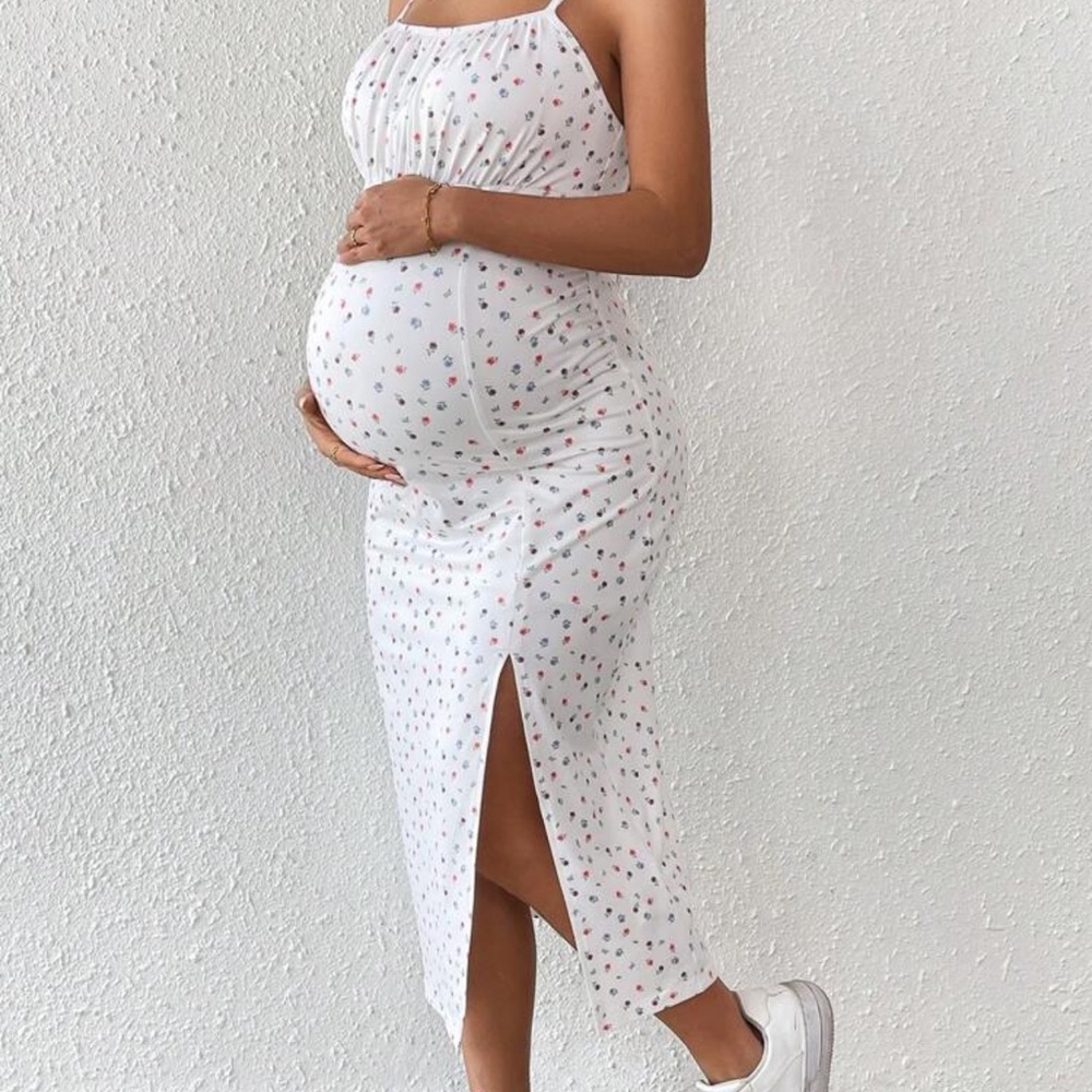 White Floral Maternity Dress with Slit